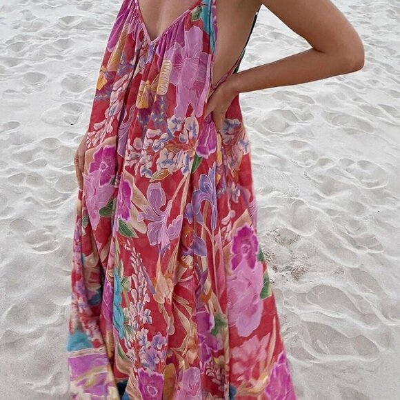 Women Slouchy Boho Floral Vacation Maxi Dress Summer Spaghetti Straps Beach - Picture 3 of 3